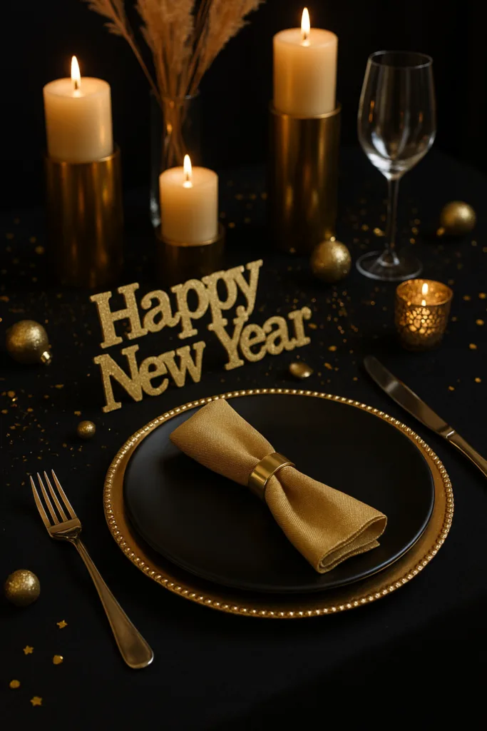 5 schöne Silvester-Dekoideen für deinen Tisch – einfach & wow! Edle Silvester Tischdeko in Gold und Schwarz mit Kerzen und Glanz