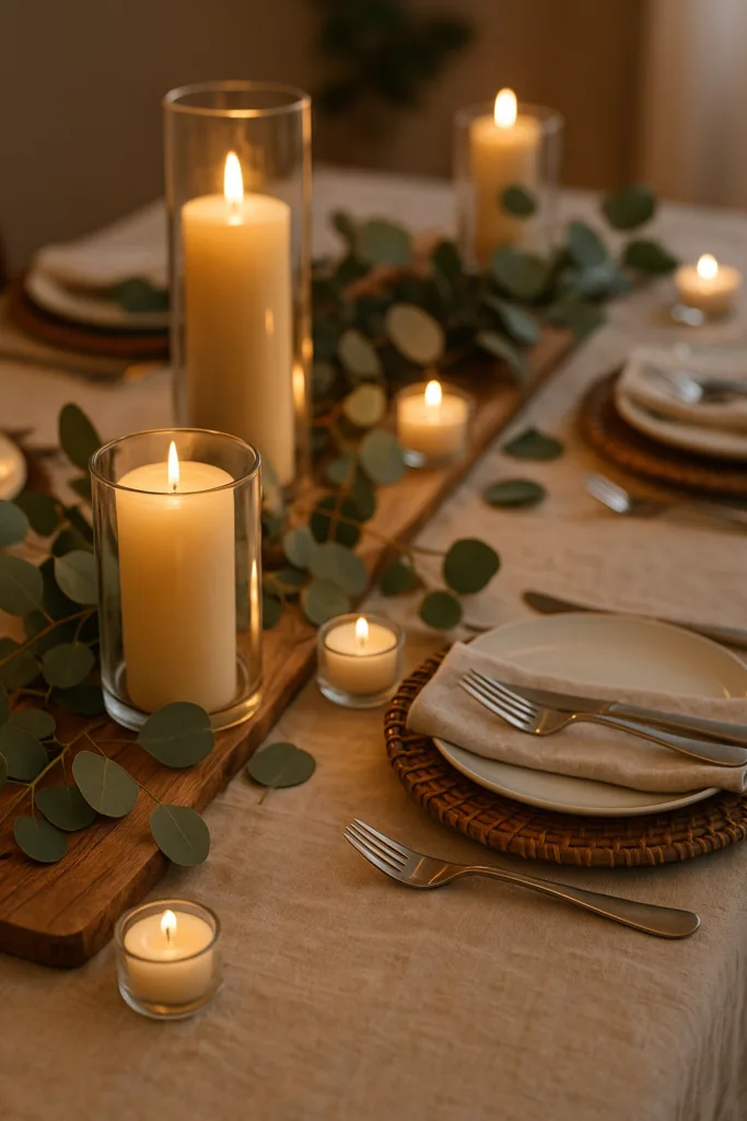 5 schöne Silvester-Dekoideen für deinen Tisch – einfach & wow! Natürliche Tischdeko zu Silvester mit Holzbrett, Kerzen und Eukalyptuszweigen