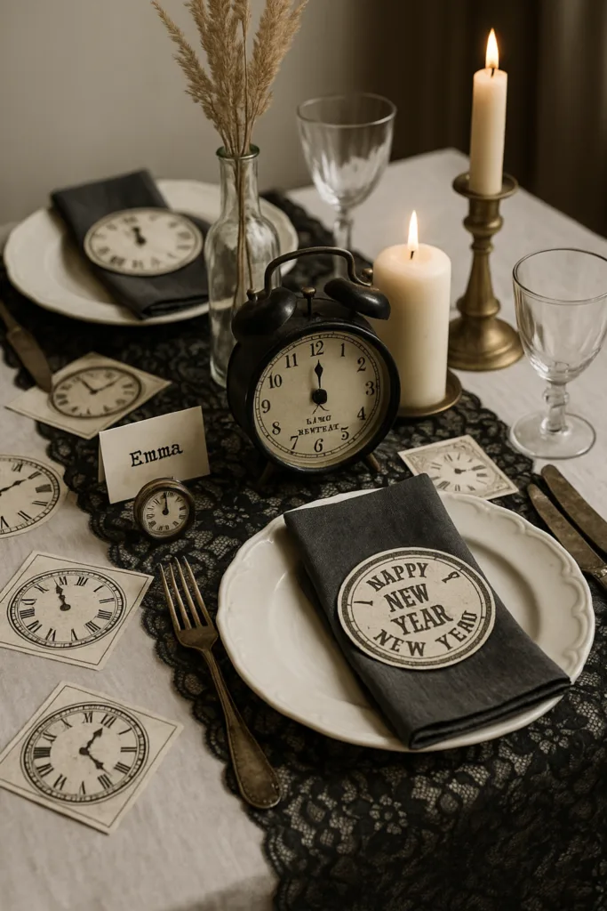 5 schöne Silvester-Dekoideen für deinen Tisch – einfach & wow! Vintage Tischdeko zu Silvester mit Uhren, Kerzen und schwarzer Spitze