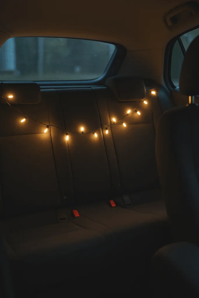 Warme LED-Lichterkette als Weihnachtsdeko auf der Rückbank eines Autos