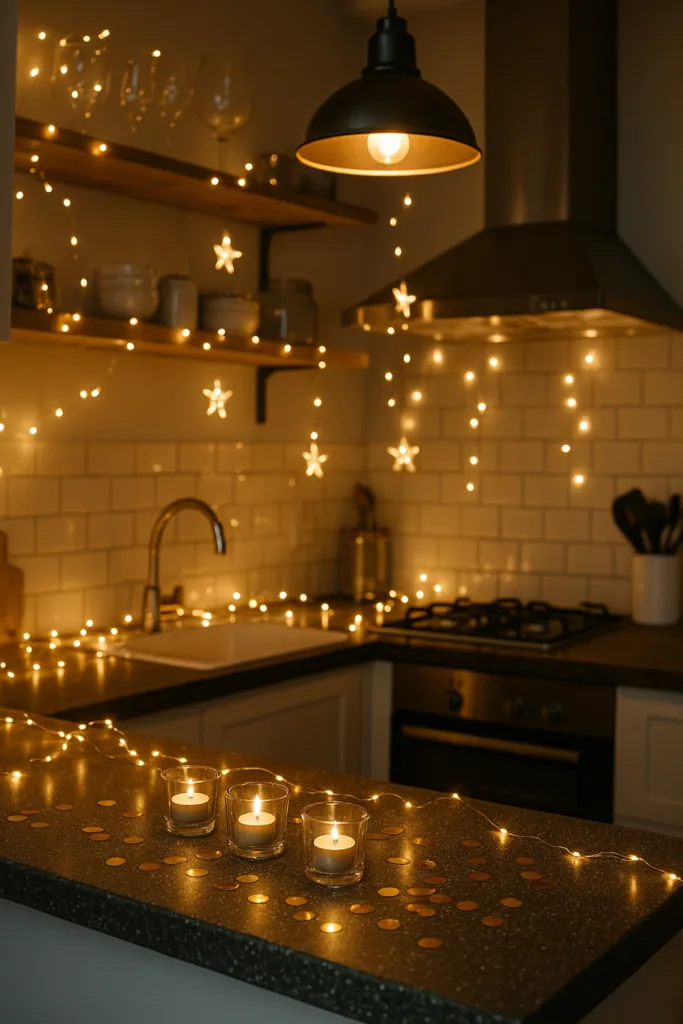 Offene Küche mit goldener Silvesterdeko, Kerzen und Lichterketten auf der Arbeitsfläche