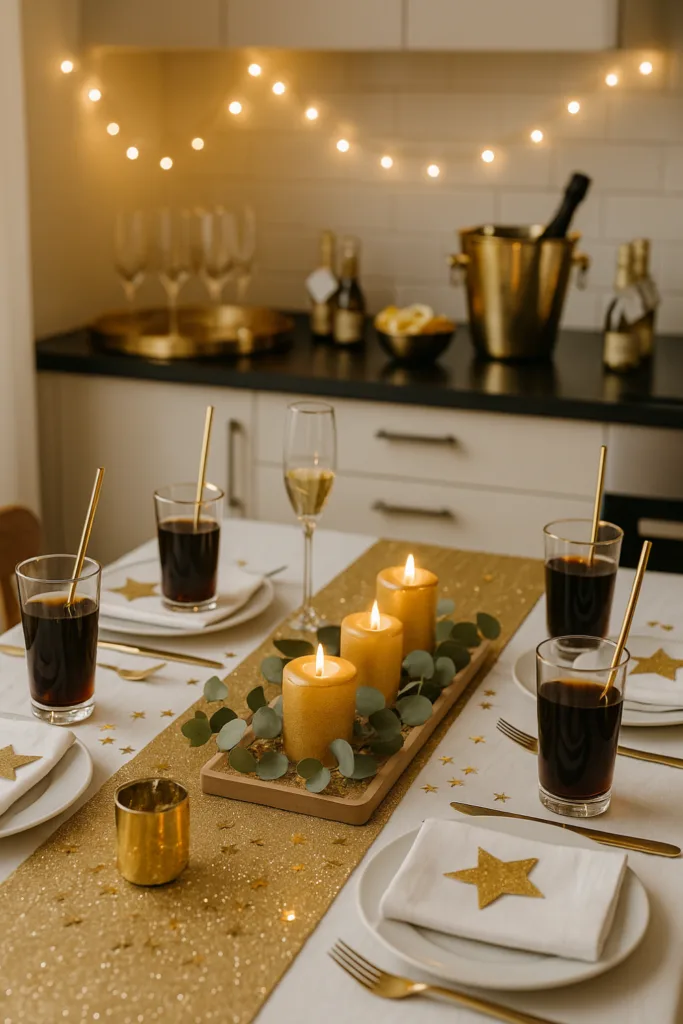 Festlich gedeckter Tisch mit goldener Silvesterdeko in einer offenen Küche
