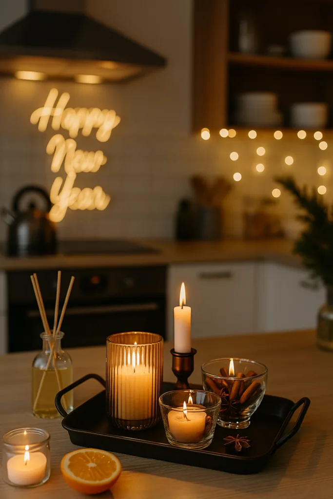 Kerzen und Duftdeko bringen festliche Silvesterstimmung in eine offene Küche