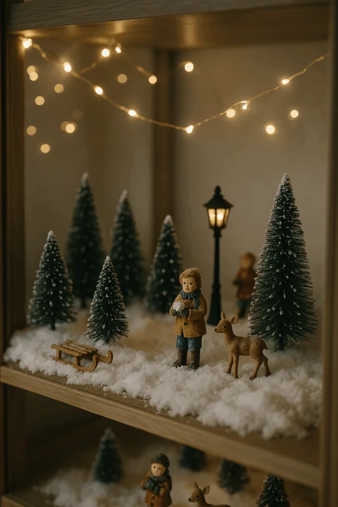 Mini-Winterlandschaft als Weihnachtsdeko in Vitrine mit Bäumen, Figuren und LED-Lichtern