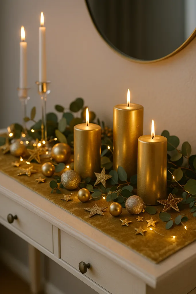 Goldene Silvesterdeko mit Kerzen, Eukalyptus und Glitzersternen auf eleganter Anrichte