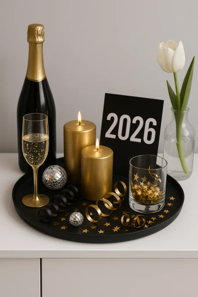 Schwarze Anrichte mit goldener Silvesterdeko, Kerzen, Sektglas und Tulpe 2026