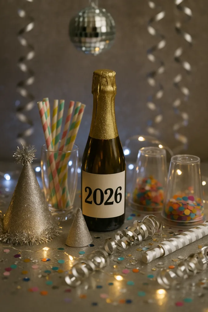 Silvesterdeko 2026 mit Partyhüten, Konfetti und Sektflasche auf einer Anrichte