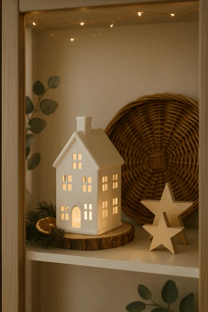 Skandinavische Weihnachtsdeko in der Vitrine mit Keramikhaus, Holzstern und Lichterkette