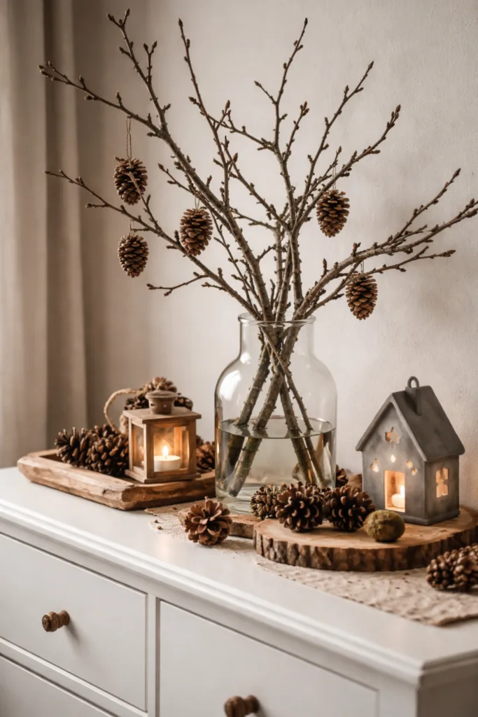 Winterdeko für die Kommode - 6 gemütliche Ideen mit Naturcharakter Winterdeko für die Kommode mit Naturmaterialien: Zweige im Glas, Zapfen, Holzscheiben und warme Kerzen in ruhiger Szene