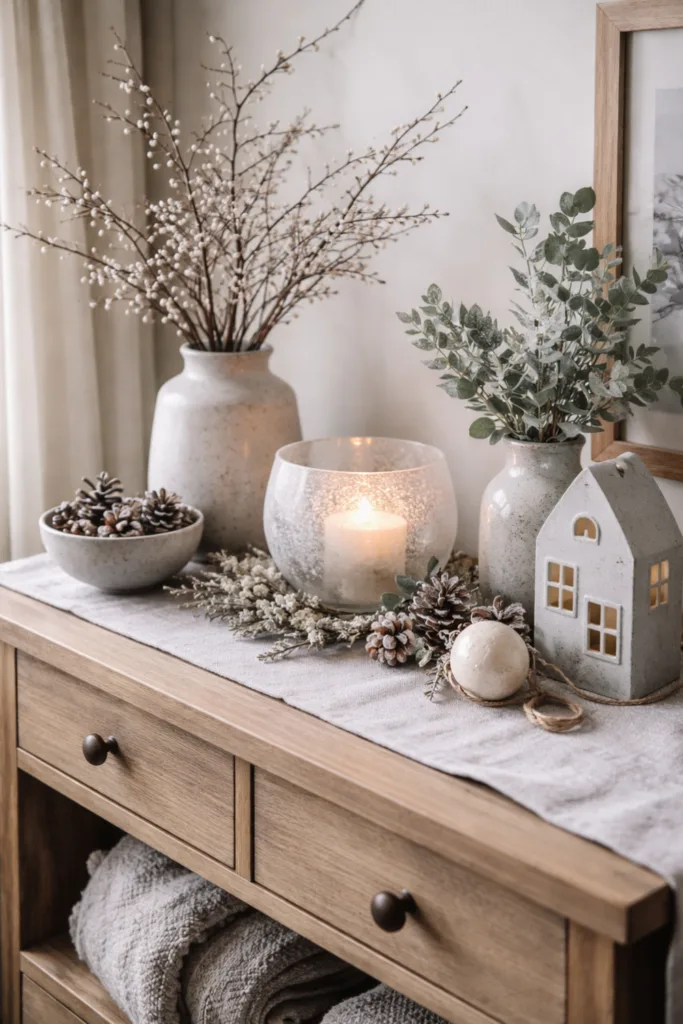 Winterdeko für die Kommode - 6 gemütliche Ideen mit Naturcharakter Winterdeko für die Kommode mit Kerzen, Zweigen, Zapfen und dezenten Naturmaterialien, ruhig und gemütlich arrangiert