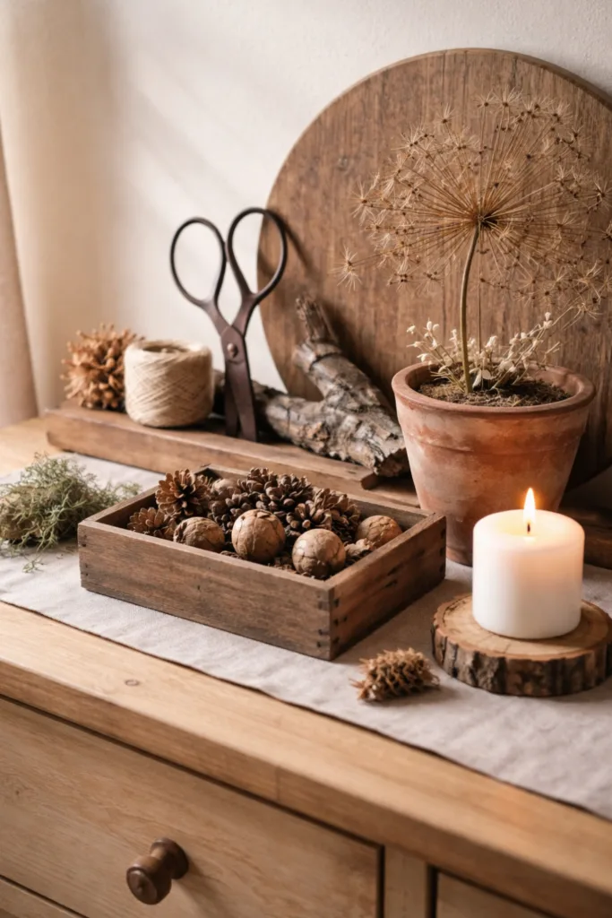 Winterdeko für die Kommode - 6 gemütliche Ideen mit Naturcharakter Winterdeko für die Kommode mit Zapfen, Holzschale, Zweigen, Kerze und natürlichen Gartenfunden in ruhiger Atmosphäre