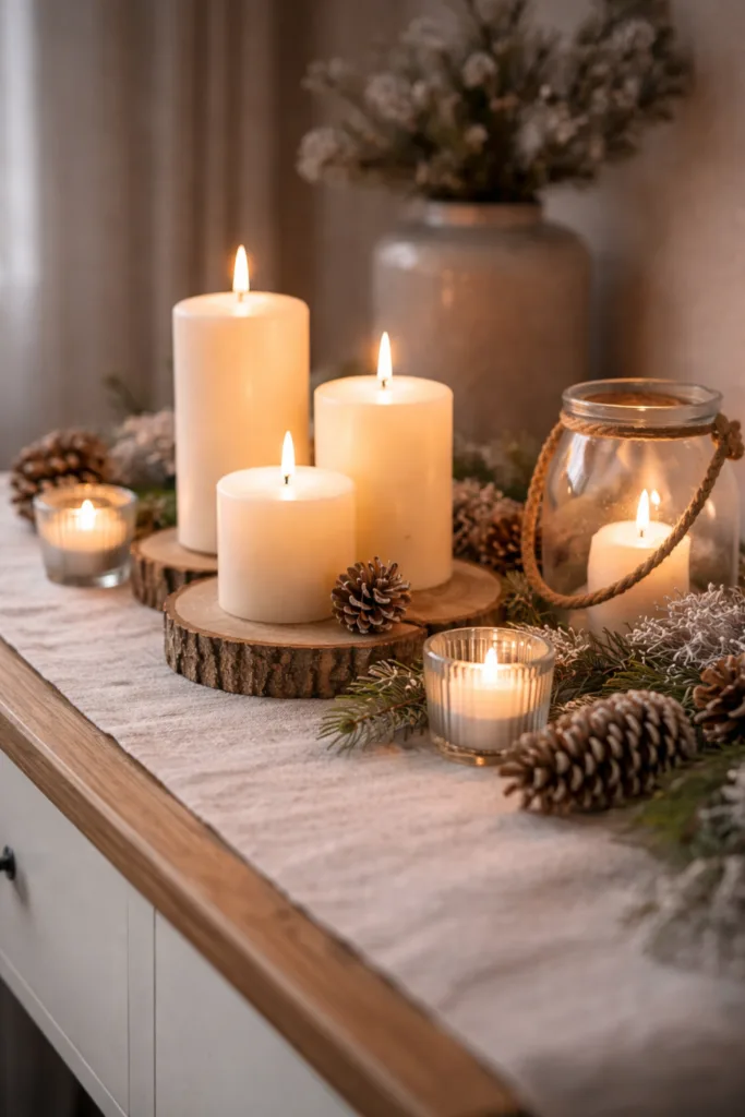 Winterdeko für die Kommode - 6 gemütliche Ideen mit Naturcharakter Winterdeko für die Kommode mit Kerzen, Holzscheiben, Zapfen und warmem Licht im natürlichen Wohnstil