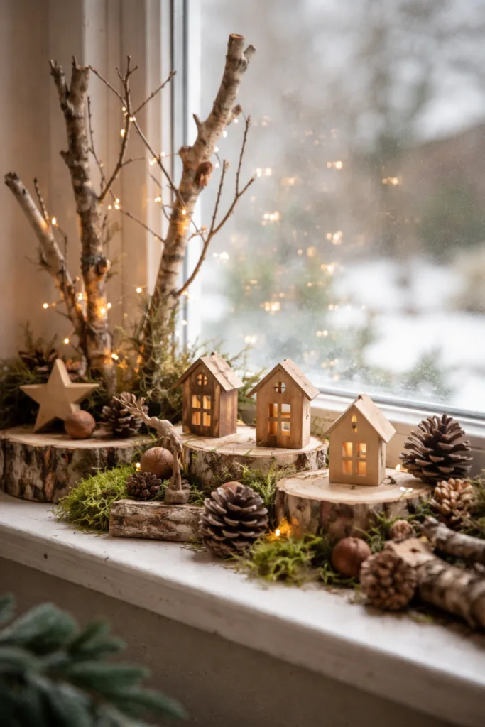 Winterdeko für die Fensterbank mit Holzfiguren, Moos, Zapfen und warmem Licht in natürlicher Winterstimmung