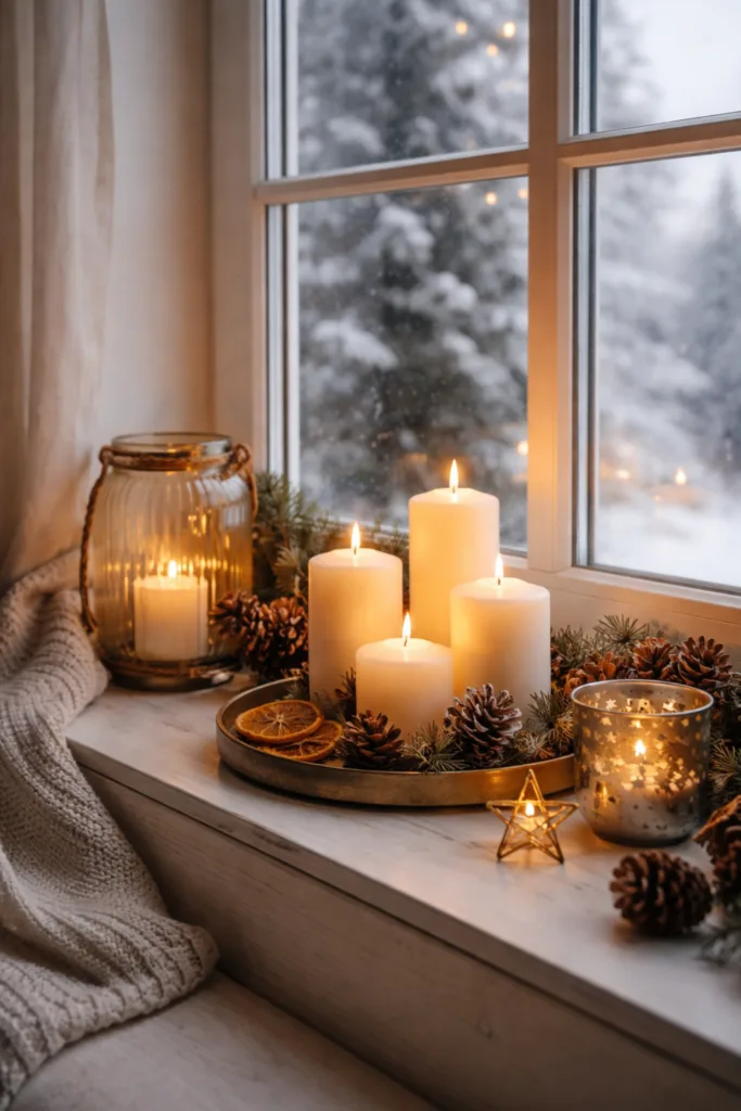 Winterdeko für die Fensterbank mit Kerzen, Windlichtern und warmem Licht in natürlicher Wohnatmosphäre