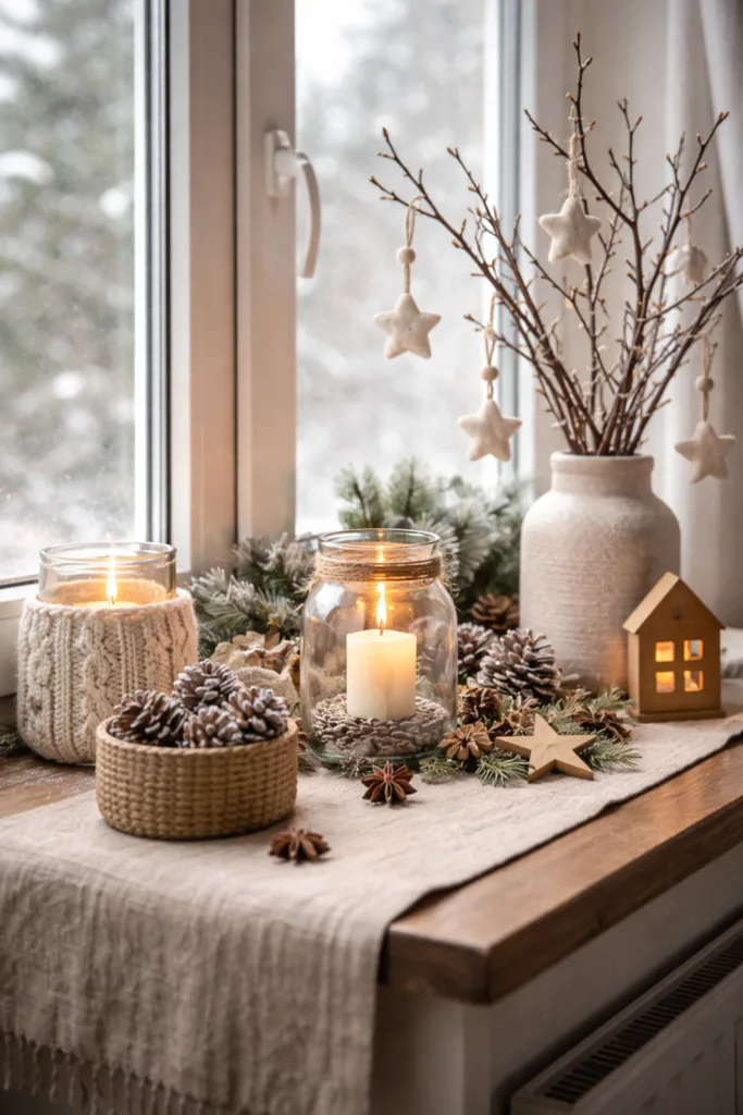 Winterdeko für die Fensterbank mit Textilien, Kerzen und Naturmaterialien in warmer, gemütlicher Winterstimmung