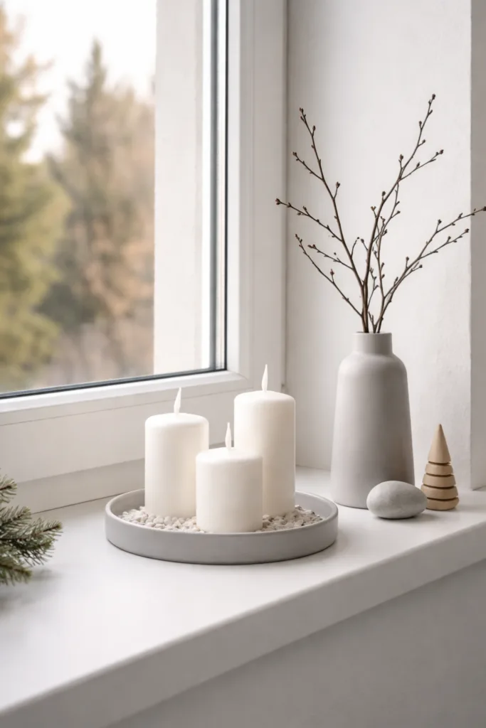Minimalistische Winterdeko für die Fensterbank mit Kerzen, Vase und klaren Formen in natürlichen Farben