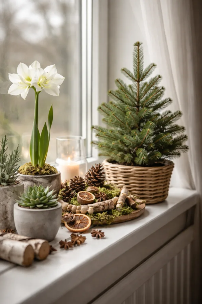 Winterdeko für die Fensterbank mit Pflanzen, Naturmaterialien und sanftem Licht im gemütlichen Wohnraum