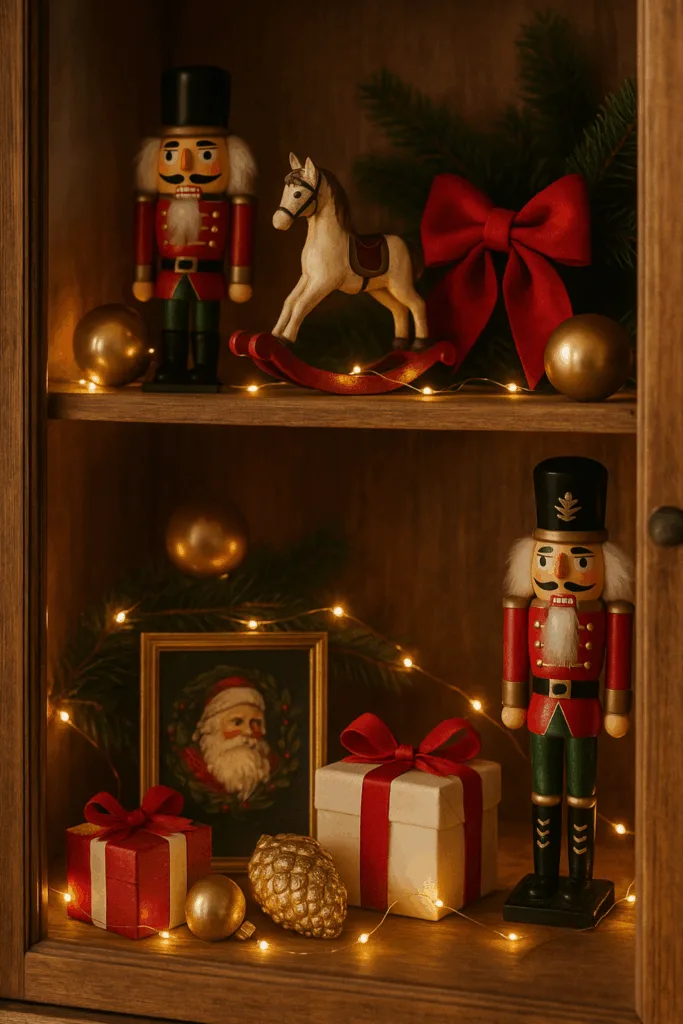 Nostalgische Weihnachtsdeko in der Vitrine mit Nussknackern, Geschenken und Lichterkette
