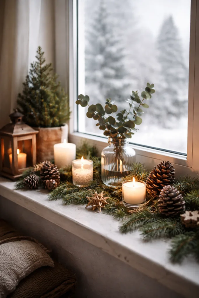 Winterdeko Fensterbank mit Tannenzweigen, Kerzen und Zapfen im natürlichen Stil
