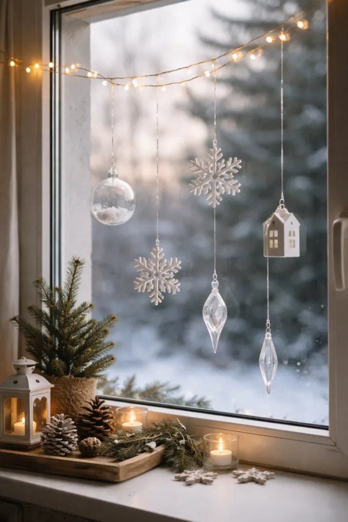 Winterdeko fürs Fenster mit hängenden Schneeflocken, Lichterkette und Kerzen auf der Fensterbank