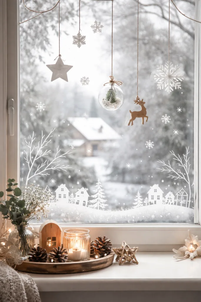 Winterdeko am Fenster mit Kerzen, Zapfen und weißen Schneeflockenmotiven