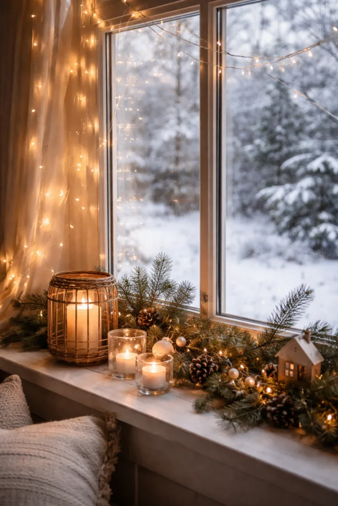 Winterdeko am Fenster mit Kerzen, Lichterkette und Tannenzweigen