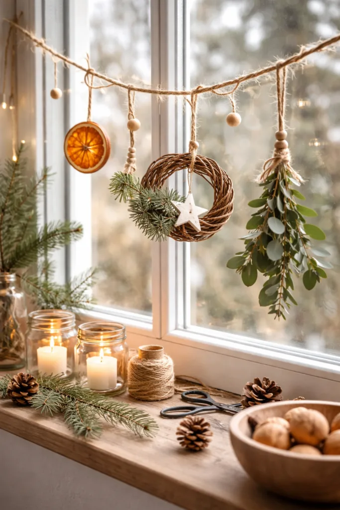 DIY-Winterdeko für Fenster mit Eukalyptus, Orangenscheiben, Kerzen und Holzdetails