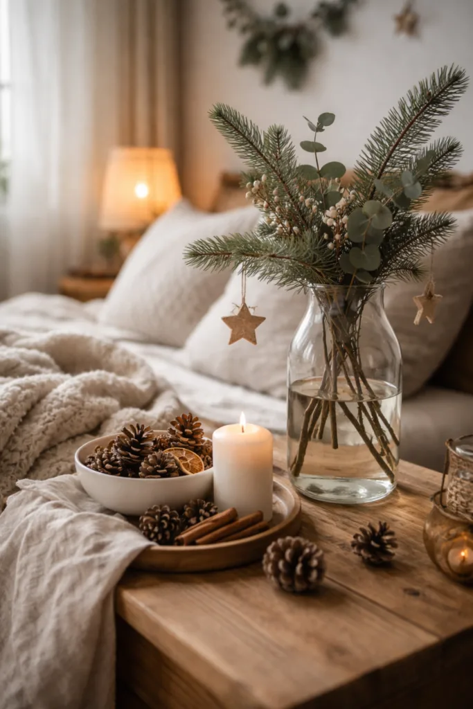 Vase mit Tannenzweigen und Kerze als Winterdeko im Schlafzimmer