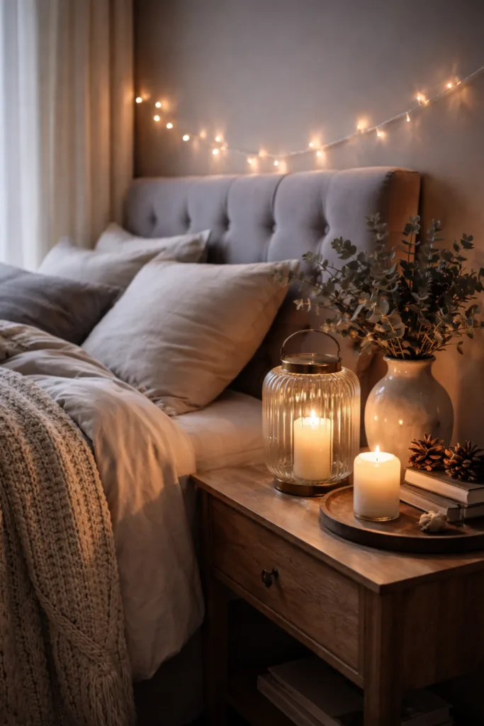 Winterdeko im Schlafzimmer mit Kerzen, Lichterkette und warmen Textilien