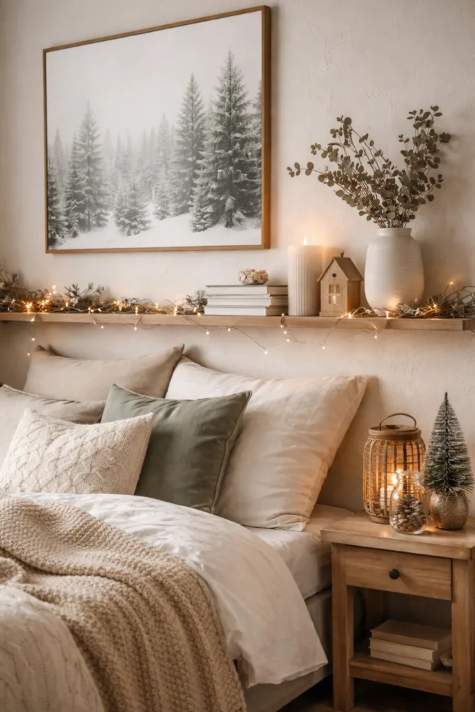 Winterdeko im Schlafzimmer mit warmen Stoffen, Holzdetails und sanftem Licht