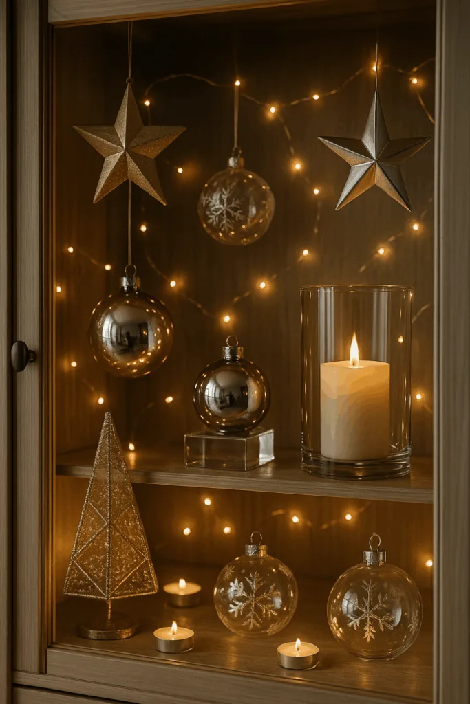 Moderne Weihnachtsdeko in der Vitrine mit goldenen Kugeln und Lichterkette