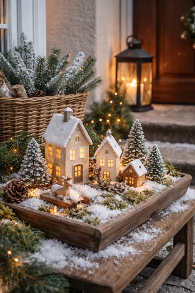 Winterdeko für den Hauseingang - 5 schöne Ideen zum Nachmachen Winterdeko am Hauseingang mit Lichterhäusern, Tannenzweigen und Schneelandschaft