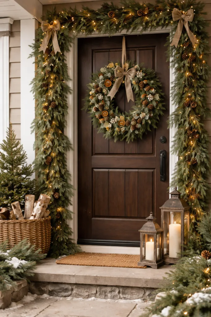 Winterdeko für den Hauseingang - 5 schöne Ideen zum Nachmachen Winterdeko Hauseingang mit Türkranz, Girlande, Laternen und natürlichem Tannengrün