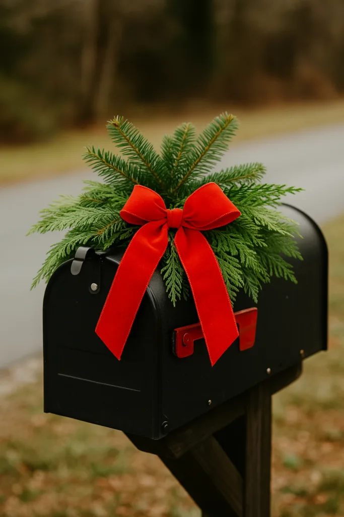 Weihnachtsdeko für den Briefkasten mit frischem Tannengrün und roter Schleife im Winter