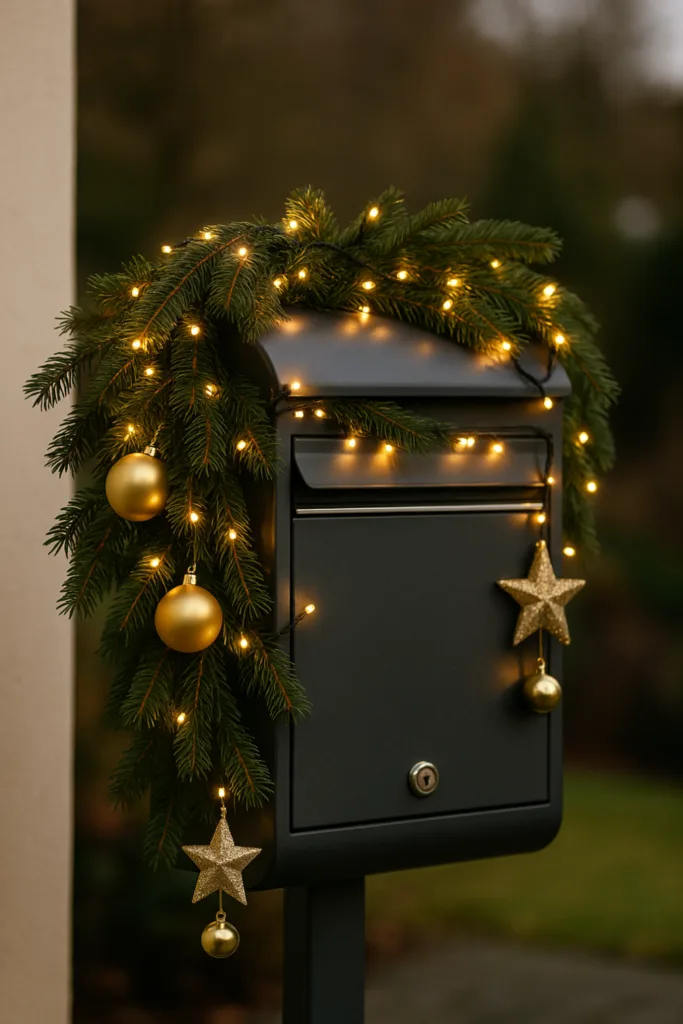 Weihnachtsdeko für Briefkasten mit Lichterkette, Tannengrün und goldenen Kugeln