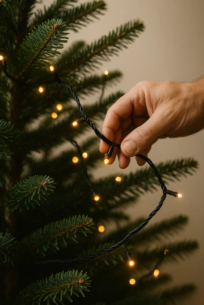 Die 5 größten Fehler beim Weihnachtsbaum dekorieren - und wie du sie vermeidest Hand legt warmweiße Lichterkette an grünen Tannenzweig, Weihnachtsbaum dekorieren