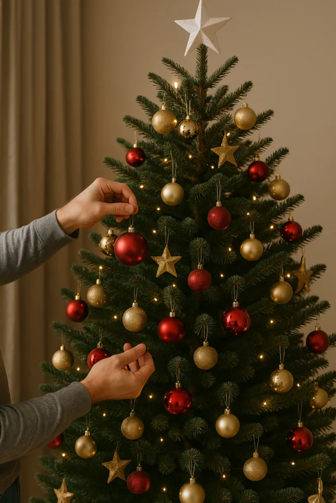 Die 5 größten Fehler beim Weihnachtsbaum dekorieren - und wie du sie vermeidest Hände dekorieren Weihnachtsbaum, Kugeln werden Schritt für Schritt korrekt aufgehängt
