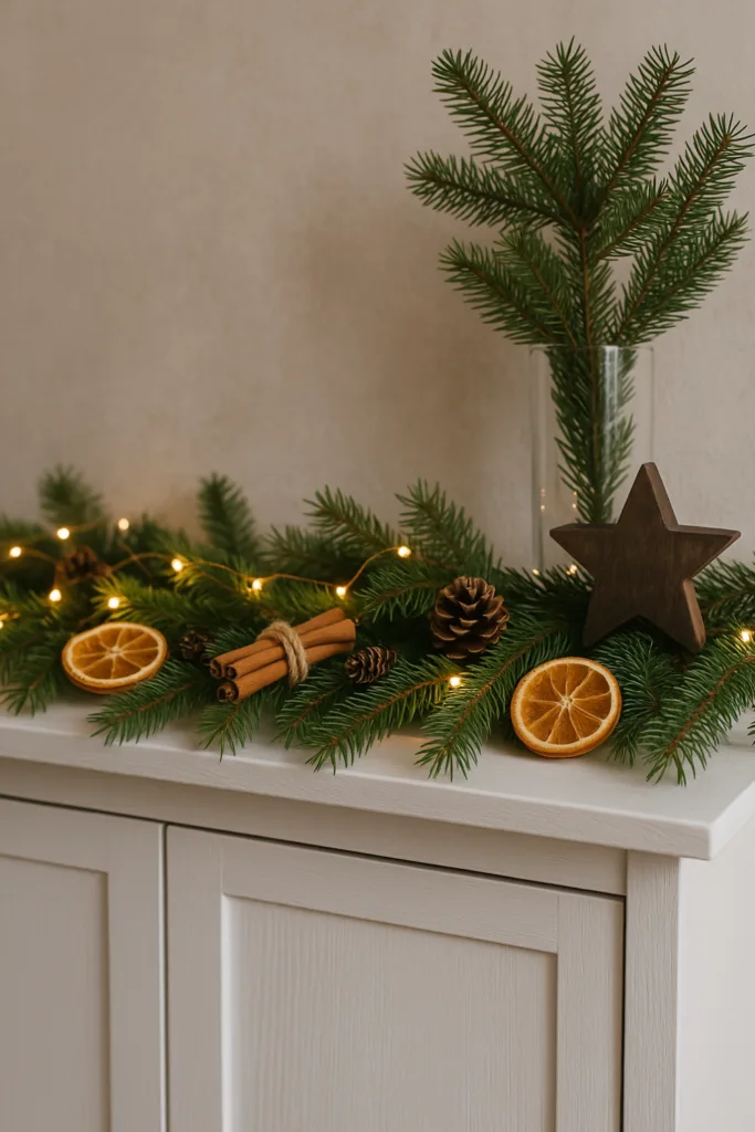 Weihnachtsdeko für den Schuhschrank - 4 charmante Ideen mit Wow-Effekt Weihnachtsdeko auf Schuhschrank mit Tannenzweigen, Lichterkette, Zimt und Orangenscheiben