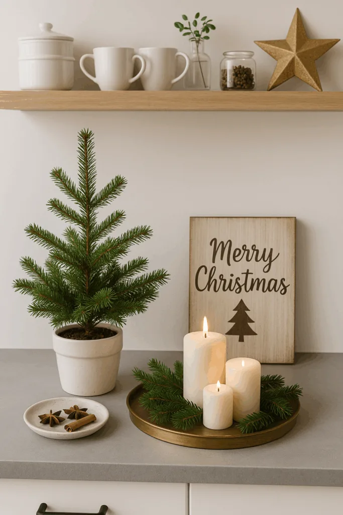 Weihnachtsdeko in offener Küche mit Kerzen, Mini-Tanne und natürlichem Grün