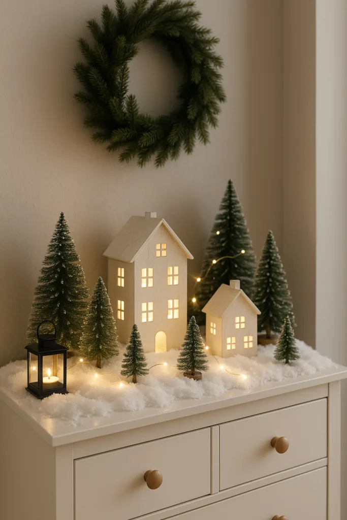 Weihnachtsdeko für den Schuhschrank - 4 charmante Ideen mit Wow-Effekt Mini-Weihnachtslandschaft auf Schuhschrank mit Lichtern, Tannenzweigen und Schneedeko