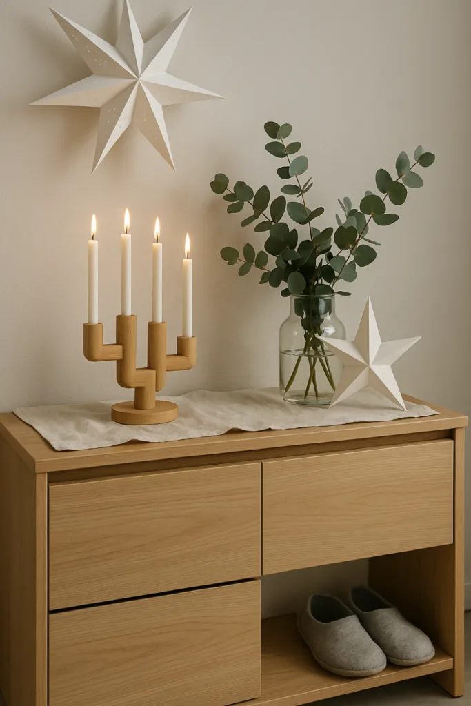Weihnachtsdeko für den Schuhschrank - 4 charmante Ideen mit Wow-Effekt Helle skandinavische Weihnachtsdeko auf Schuhschrank mit Kerzen, Papiersternen und Eukalyptus