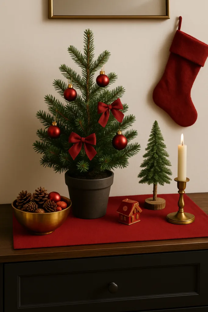 Weihnachtsdeko für den Schuhschrank - 4 charmante Ideen mit Wow-Effekt Traditionelle Weihnachtsdeko auf Schuhschrank mit rotem Läufer, Mini-Tannenbaum und Kerzen