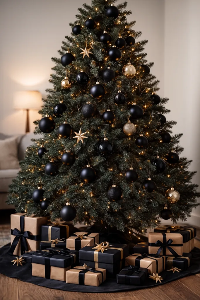 Weihnachtsdeko in Schwarz - 5 elegante Ideen für dein Wohnzimmer Schwarzer Weihnachtsbaum mit goldenen Kugeln und warmem Licht im Wohnzimmer