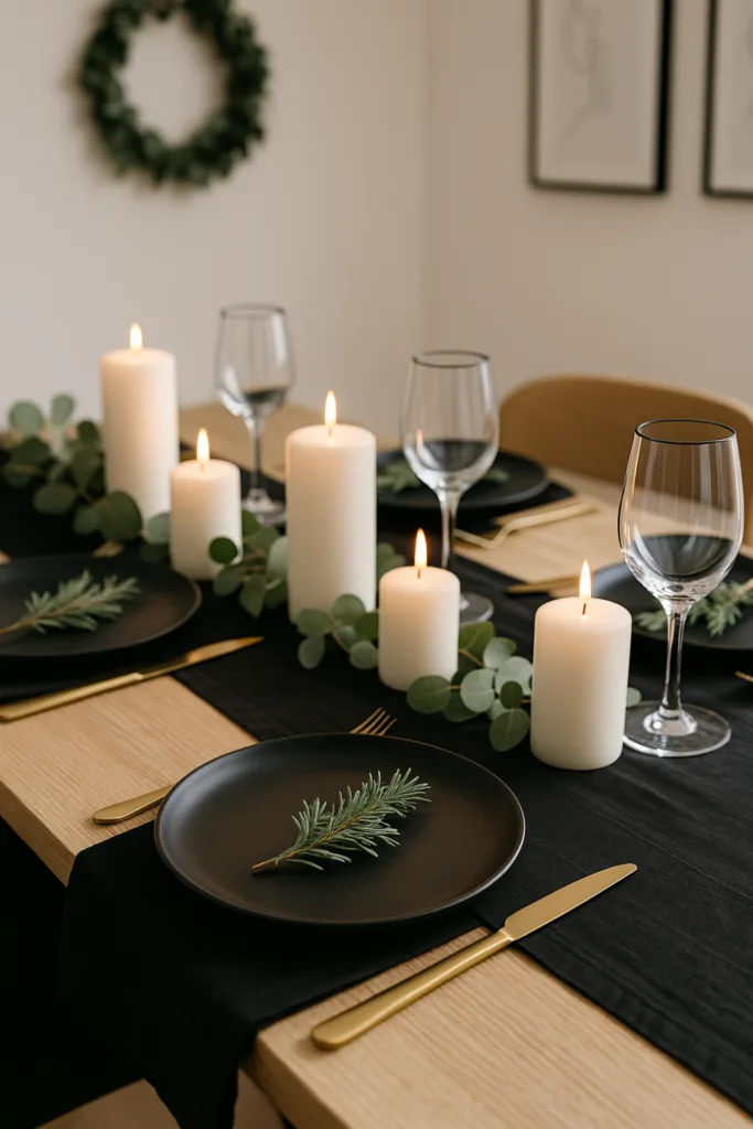 Weihnachtsdeko in Schwarz - 5 elegante Ideen für dein Wohnzimmer Moderne schwarze Weihnachtsdeko mit Kerzen, Eukalyptus und goldenen Akzenten im Wohnzimmer