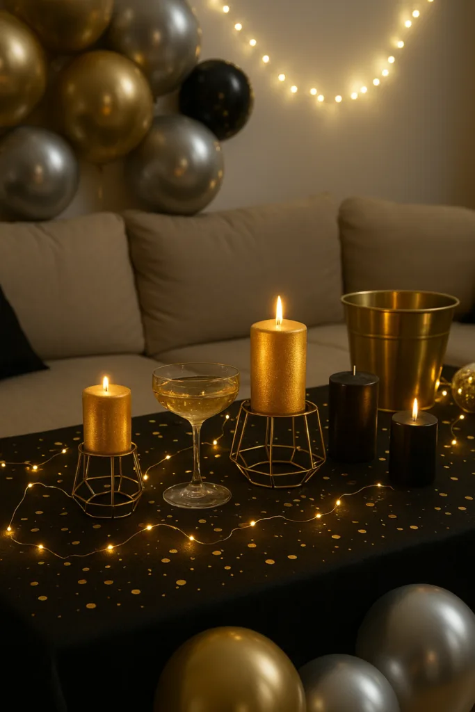 Elegante Silvesterdeko im Wohnzimmer mit goldenen Kerzen, Ballons und Lichterkette