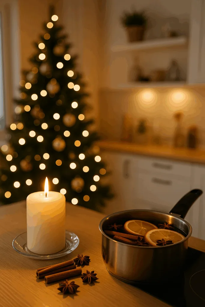 Offene Küche mit Weihnachtsdeko, Kerze, Lichterkette und festlichem Duft