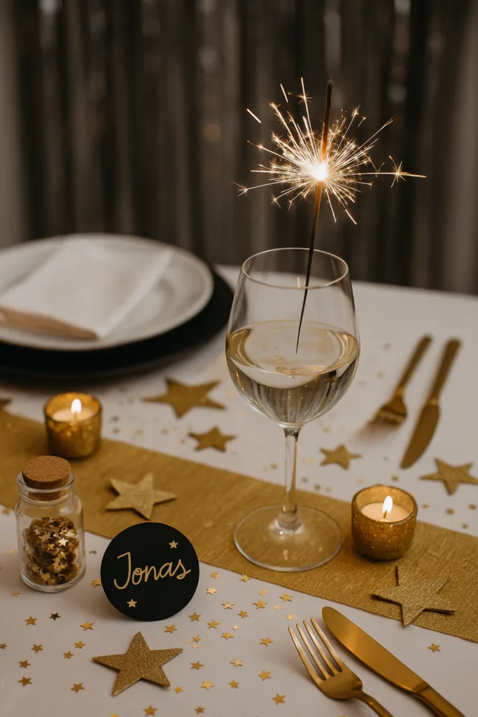 Silvesterdeko im Wohnzimmer mit goldener Tischdeko, Kerzen und Glitzersternen