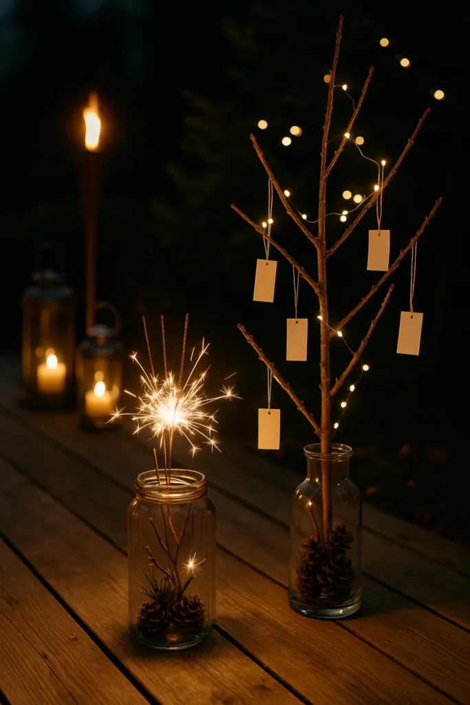 Terrasse mit Lichterketten, Laternen und Wunderkerzen als Silvesterdeko für zuhause