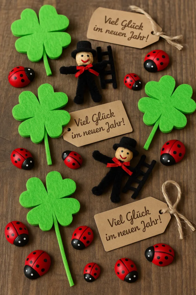 Selbstgebastelte Silvesterdeko mit Glücksbringern aus Filz und Korken auf Holztisch