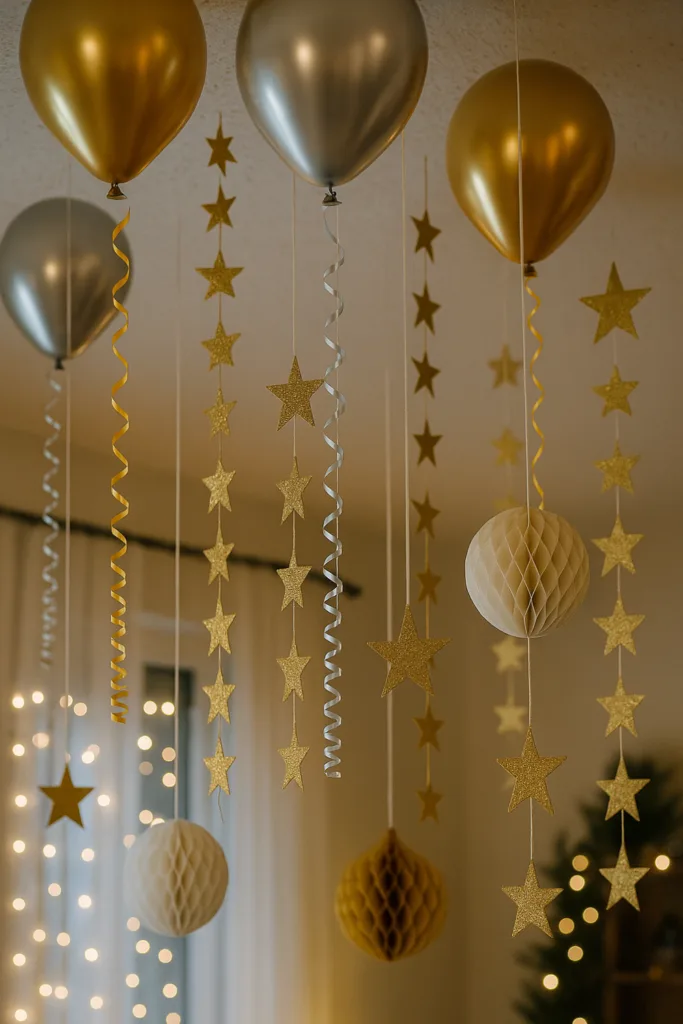 Silvesterdeko zuhause mit goldenen Ballons und Girlanden in festlicher Atmosphäre